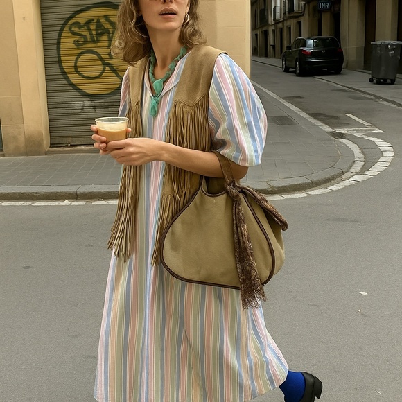 90's Striped Duster Pastel Wide Angel Sleeve Midi Zipper Front V-Neck 3/4 Maxi - Picture 1 of 12